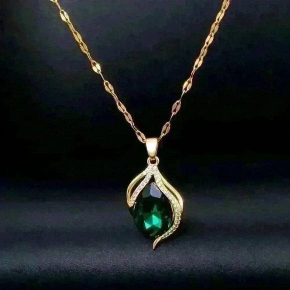 Jewelry - Emerald Teardrop Pendant 18K Gold Filled Necklace: Luxurious Jewelry